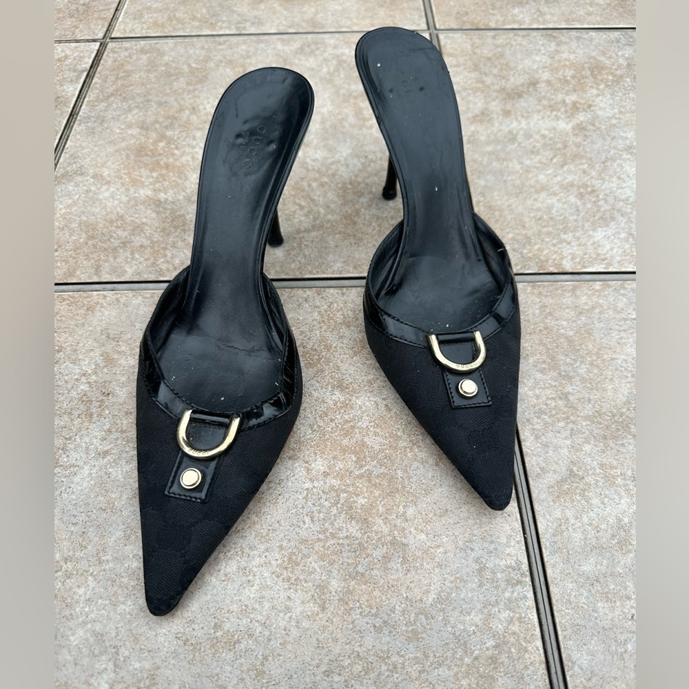 Gucci Black Pointed Toe Mule Heels with Gold Hardware
